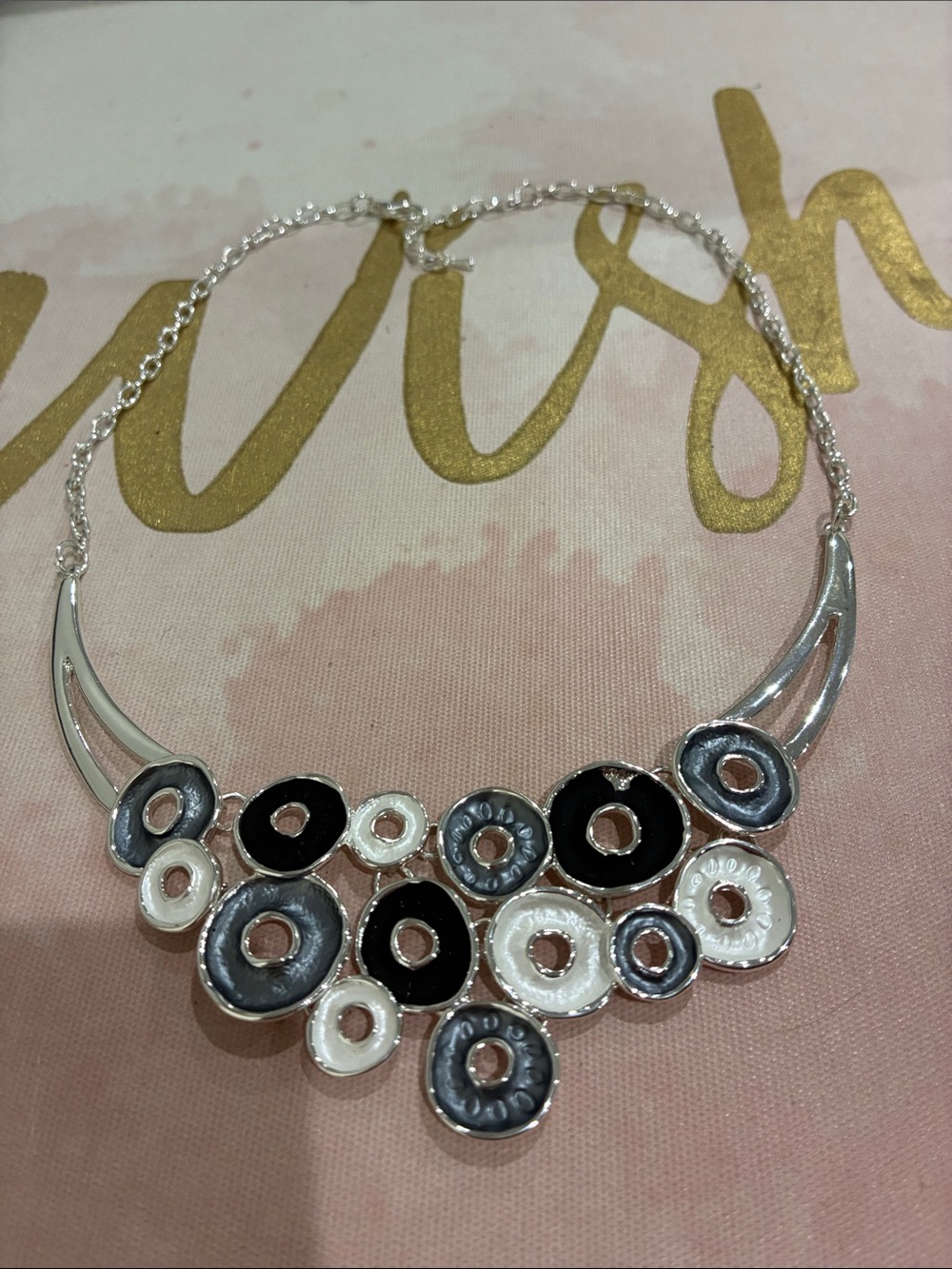 Silver-Tone Black & White Enamel Circle Design Statement Necklace